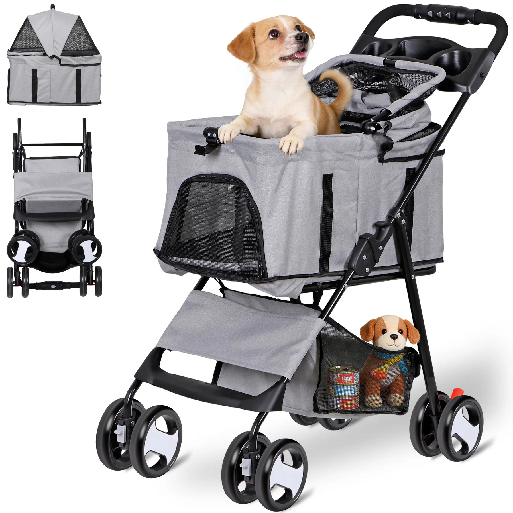 Pet Republic 3-in-1 Foldable Oxford Fabric Pet Stroller with Detachable Carrier, 4-Wheel Stability, Breathable Seat Covers, Buckle, Storage Basket, Cup Holder, 36''L x 14.4''W x 40''H for Small Dogs & Cats (Gray, Ideal for Walks), 360° Swivel Wheels, Rear
