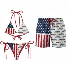Patriotic Couple Swimwear Set – USA Flag String Bikini & Matching Board Shorts, Independence Day Beachwear