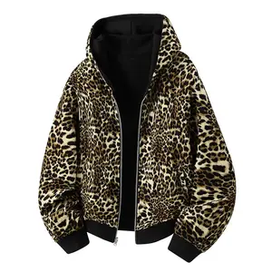 Autumn and winter wool lined hooded zipper jacket, thickened leopard print jacket, women's casual warm top