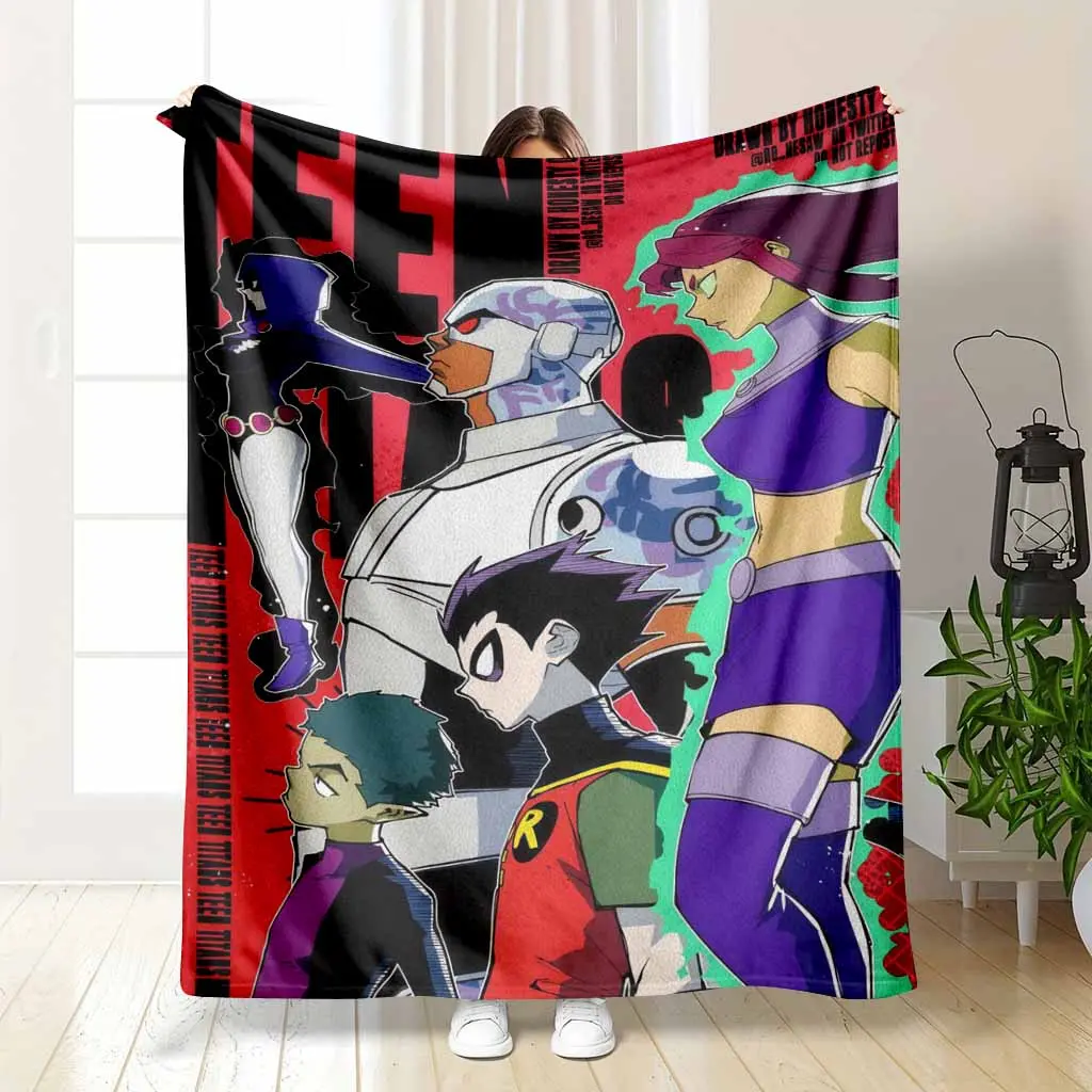 Teen Titans Raven Cyborg Starfire Robin Beast Boy Flannel Blanket Vibrant Comic Art Print Design Soft Warm Cozy Lightweight Throw Ideal for Sofa Bedroom Office Travel Gift Decor Use