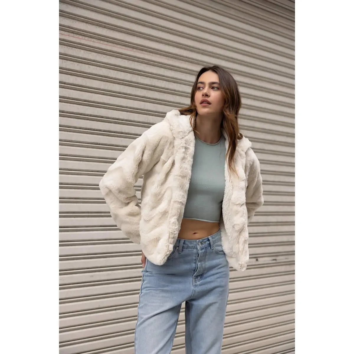 Fluffy Faux Fur Hoodie Jacket - Cream