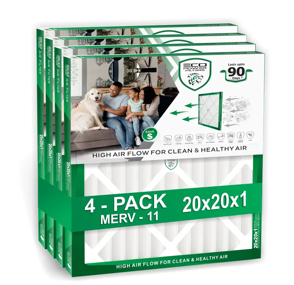 ECO POWER 20x20x1 MERV 11 Pleated HVAC Air Filter (PACK OF 4) – High Efficiency Furnace & AC Filter for Dust, Pollen & Pet Dander (Actual Size 19.75 x 19.75 x 0.75)
