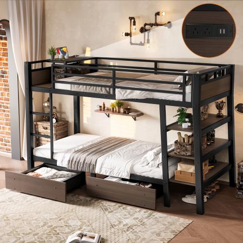 [Bellemave]Twin /Full Size Metal Bunk Bed with Storage Shelves , LED light strip, and USB power strip, black