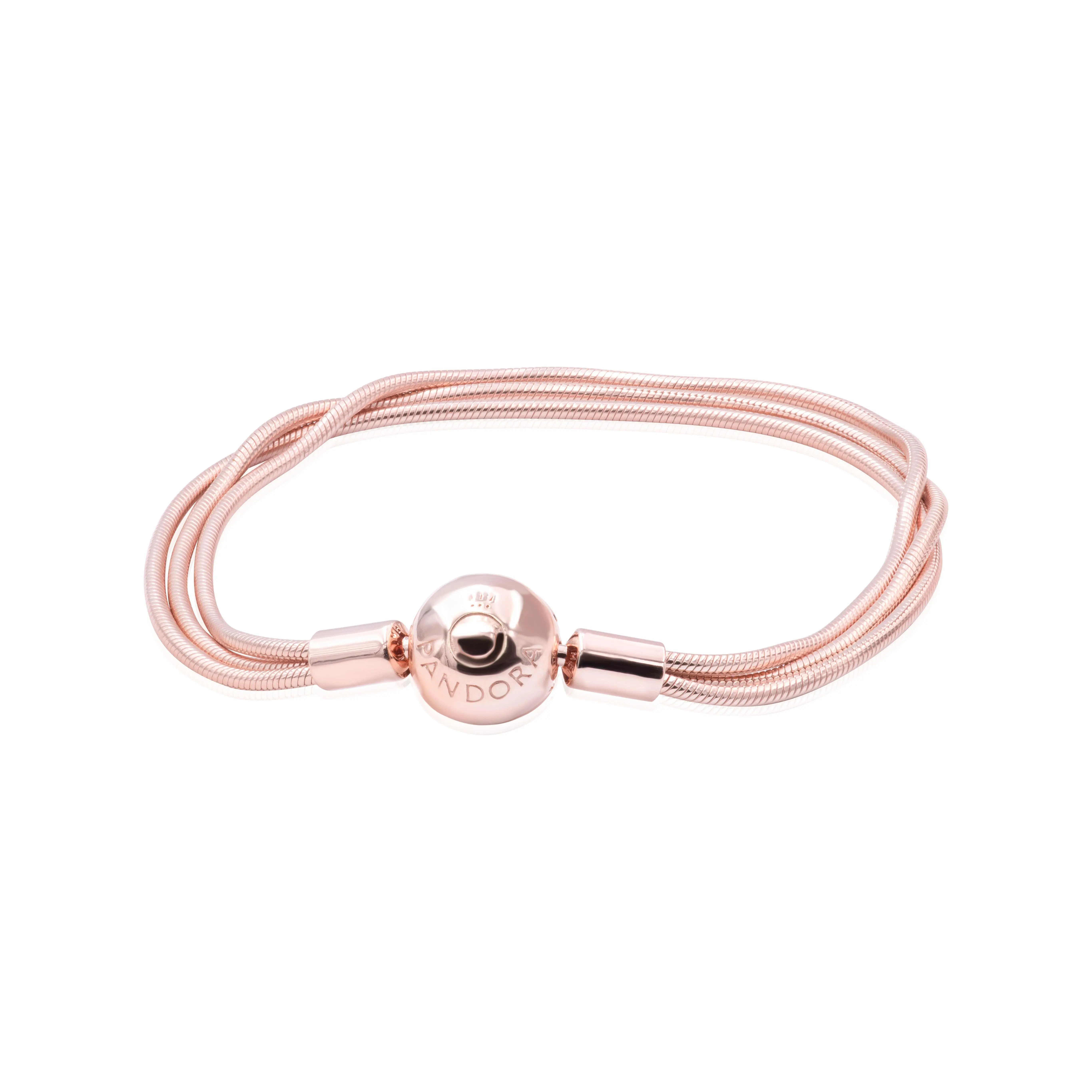 PANDORA Moments Modern Silver Bracelet - Rose Gold-Plated Pandora Rose, Warm-Toned Chain with 3 Thin Snake Chains, Hand-Finished Monogram Ball-Shaped Clasp, Classic-Modern Design, Casual Wear Suitable, US Version