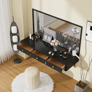 GO 47" Floating Shelf with Drawer, Multi-Purpose Wall-Mounted Vanity Table, Mounted Desk, Black & Golden Storage Electronic Equipment Holder Multifunctional Easy Assembly