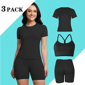 3-Pack Women's Seamless Activewear Set Short Sleeve Top Sports Bra High Waisted Biker Shorts for Gym Yoga