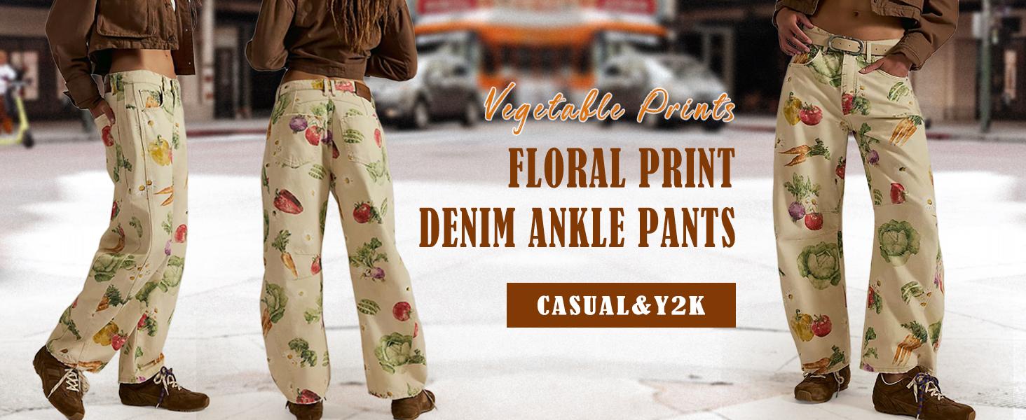 CHOUYATOU Women's Printed Wide-Leg Jeans Y2k Loose Mid-Rise Jeans in Soft Pink with Boho Floral Pattern Casual Denim Trousers SpringStatements