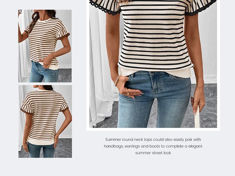 Shewin 2026 Spring/Summer Women's Casual Striped Ruffle Sleeve Top - Round Neck Loose Fit Cotton Ribbed Knit T-Shirt with Lace Trimmed Flounce Sleeves for Daily Wear SpringStatements