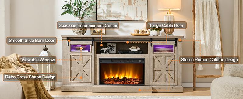 Fireplace TV Stand for up to 80 Inch TVs, 32’’ Tall LED Entertainment Center with Electric Fireplace, Farmhouse TV Console Table w/Sliding Barn Door & Window for Living Room, Rustic Gery