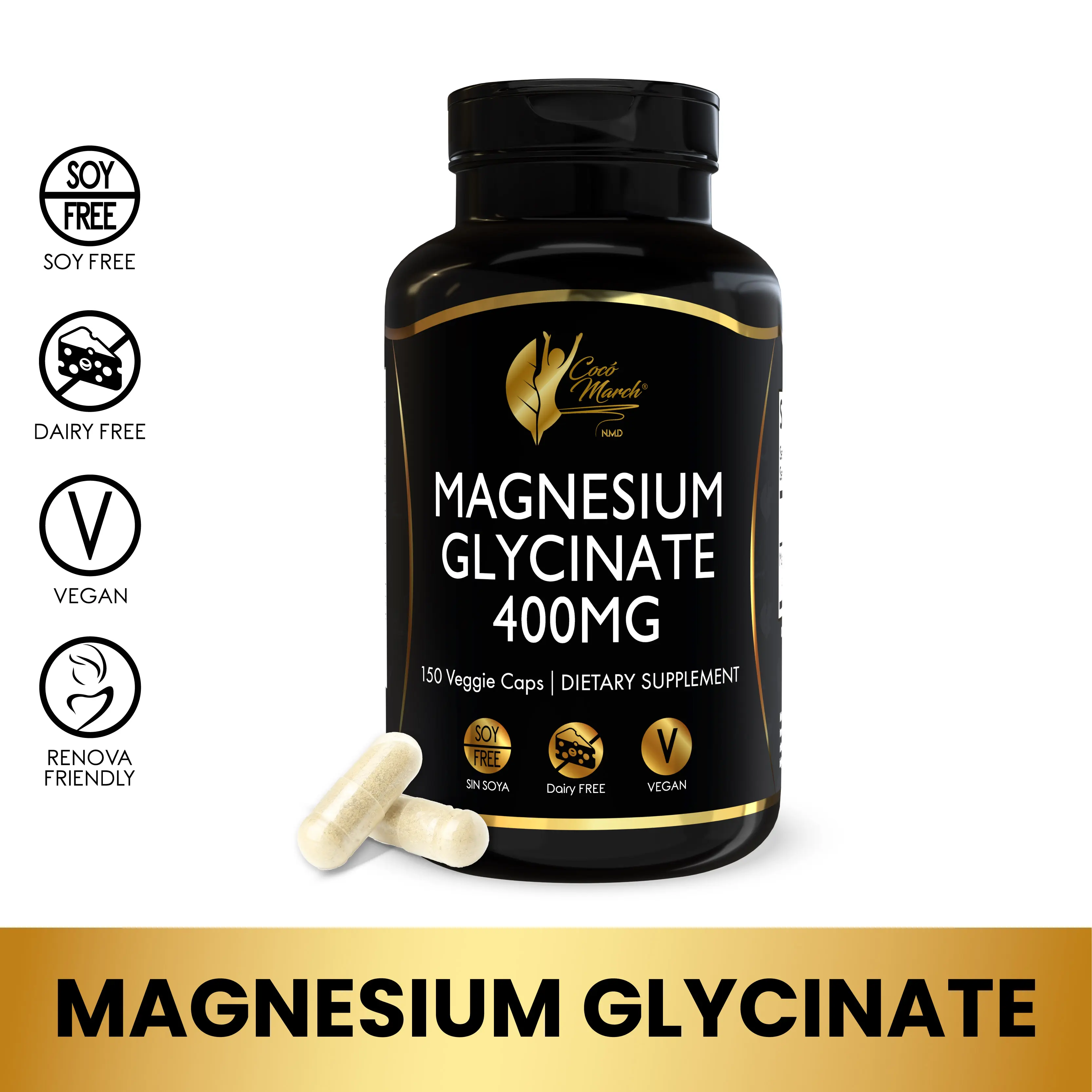 Cocó March N.M.D Magnesium Glycinate – 150 Capsules - 37-Day Supply, 400 mg per Serving – Gentle, Effective Support for Daily Wellness