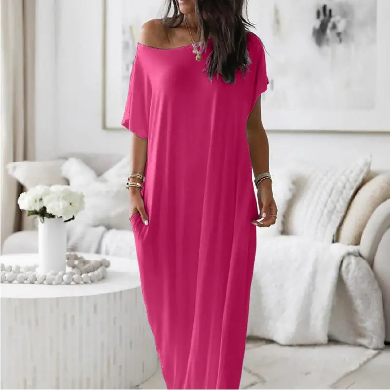 ROSEMUSE Women's Chic Sexy U-Neck Oversize Fit Solid Color Batwing Short-Sleeve Lounge Dress, All-Season Casual Comfy Night Gown for Women