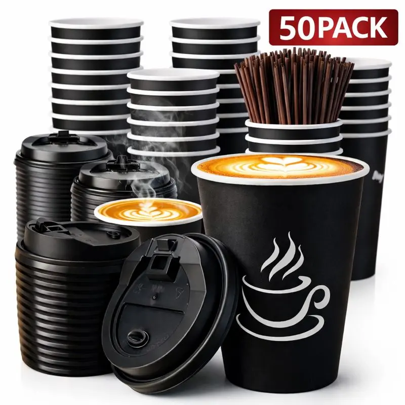 16 Oz Disposable Plastic Coffee Cups Set (50-Pack) - Black Minimalist, Leak-Proof, Sturdy, with Lids & Straws, Food Grade, Single Use Disposable Cups for Hot Cold Drinks, Home, Party Supplies, Birthday