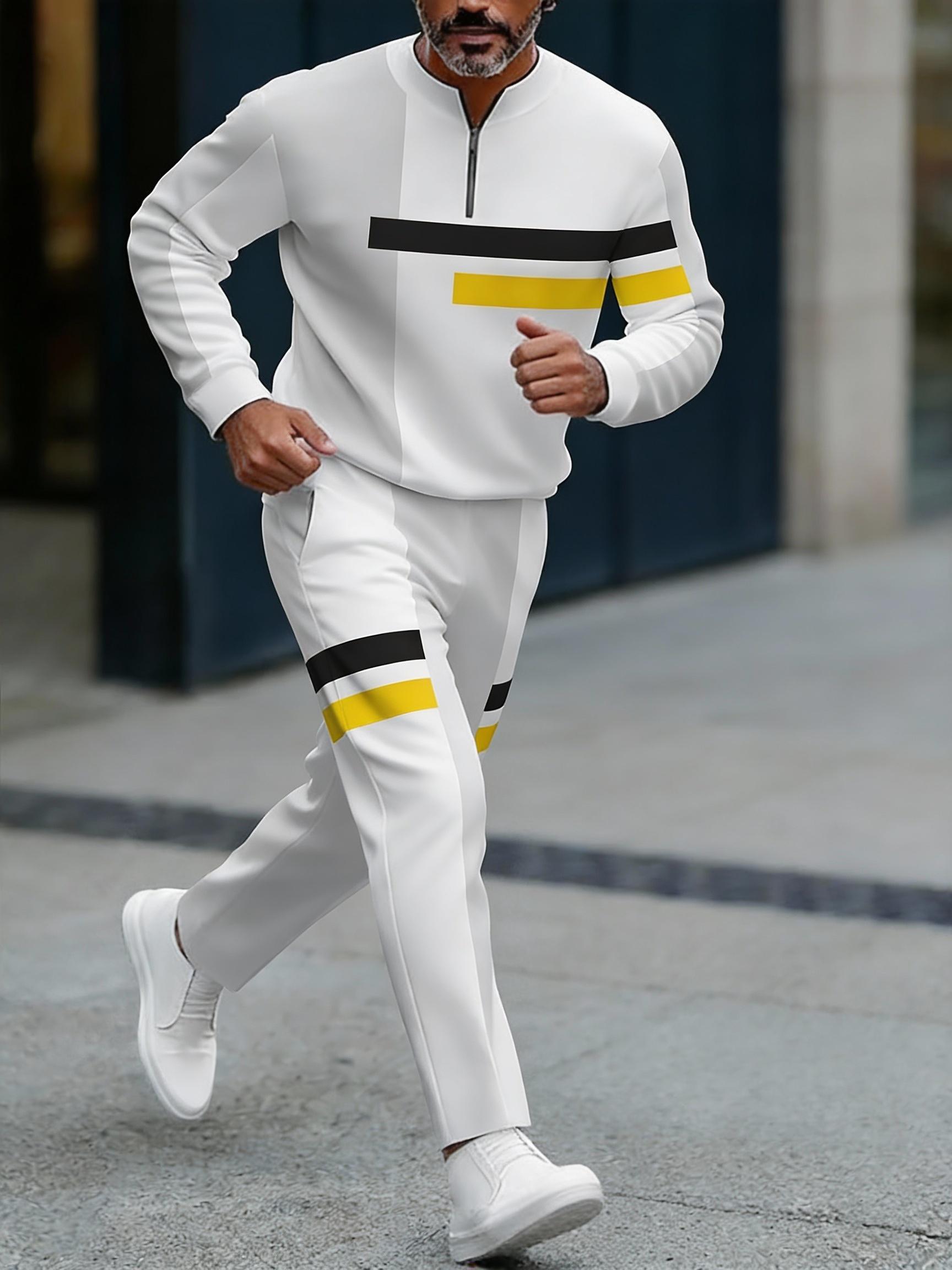 European and American two-piece men's white sports suit |     Geometric stripe design, semi open collar |     High quality polyester fiber fabric, wrinkle resistant and easy to maintain |     Fitness trend, suitable for sports and leisure style