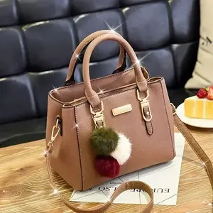 [Stylish Handbag] Versatile Stylish Handbag |   Lychee Pattern with Adjustable Strap, Pom Pom Ball Charms, Metallic Hardware - Crossbody Purse for Women in Black, Army Green, Khaki, Light Grey, Dark Grey, Red