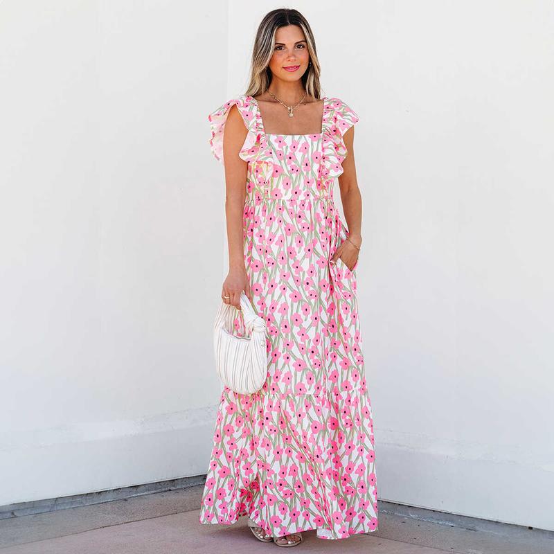 Pink Floral Print Square Neck Ruffled Strap Maxi Dress