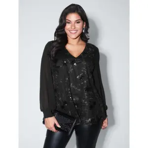 【Summer Turn-Up】【Neck-Lengthening】BlOOMCHIC Plus Size Shimmery Sequin Shirred Cuff Blouse [M-6X] 2026 Summer Pick for Mother's Day Fit Long Sleeve Swimweek
