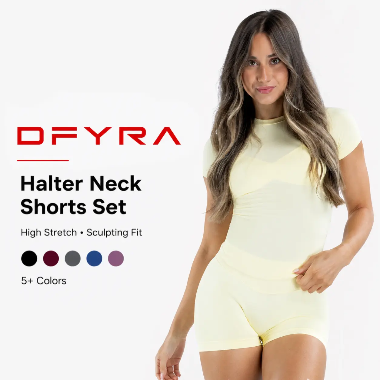 (With logo) DF Impact Female Normal Type 2-Piece Sports Fitness Outfit - Breathable 4-Way Stretch High Elastic Longline Raglan Short Sleeve T-Shirts & Fitted Crop Top Shorts, Durable Shape-Retaining Sculpting Contour Athleisure Gym Activewear