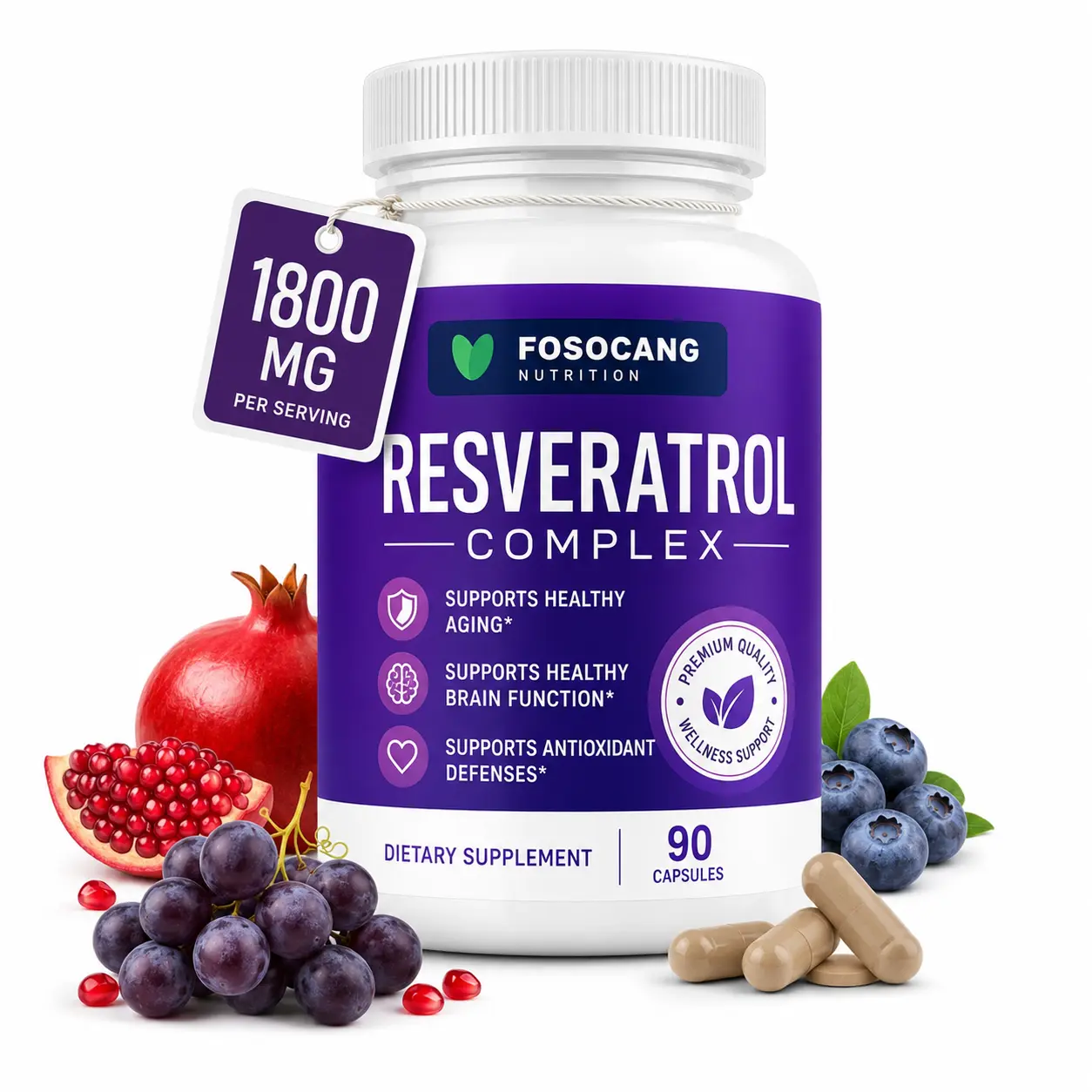 FoSoCang 1800mg Resveratrol Supplement, Natural Antioxidant Vegan GMO-Free Vitamin-Infused Capsules, Dietary Supplement for Wellness & Fitness Goals