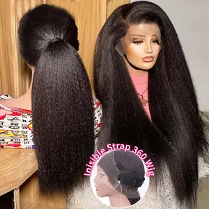 MYLOCKME 180Density Invisi Strap Kinky Straight 360 Full Lace Glueless Wig Invisible Drawstring Frontal Wig Kinky Straight Lace Front Human Hair