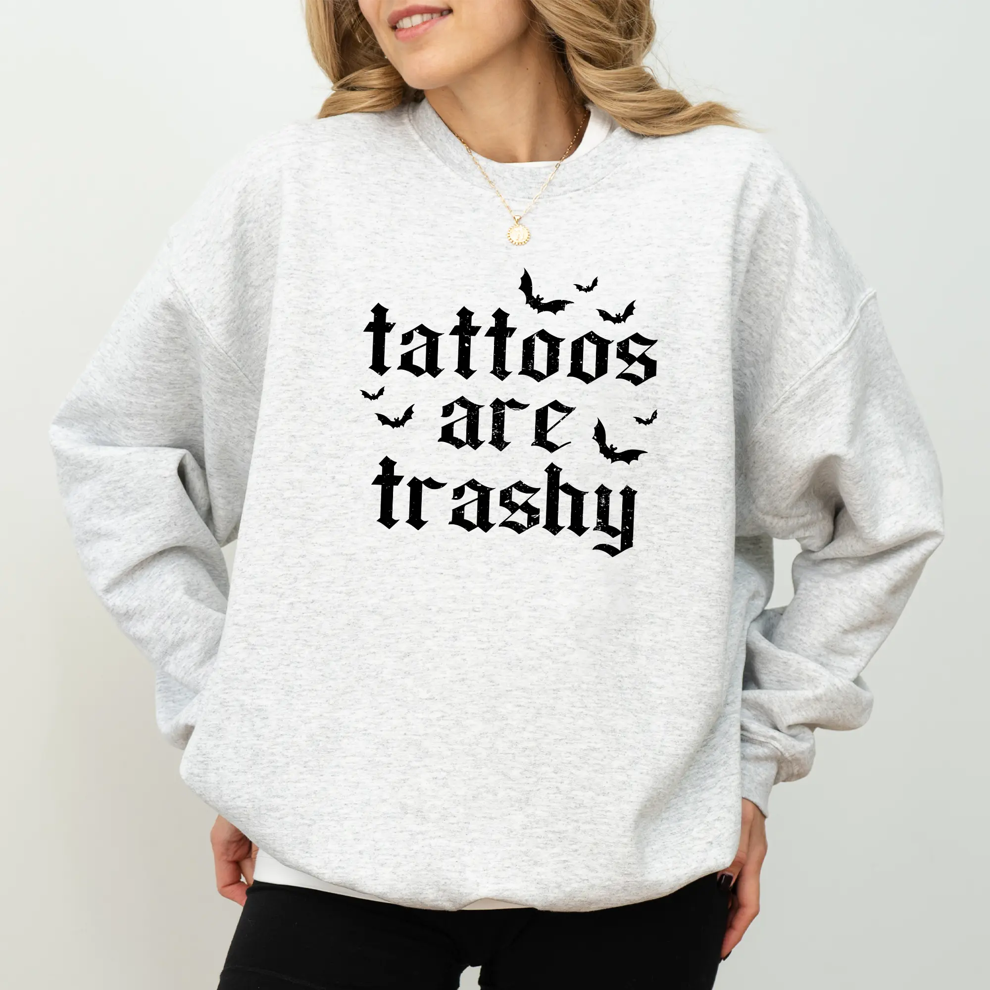 Tattoos Are So Trashy Halloween Sweatshirt, Bat Printed Long Sleeves Pullover, Sarcastic Tatted Mom Unhinged Sweater, Tattoo Lover Gift.