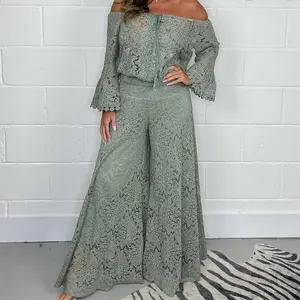 Women's off shoulder lace top and lace flowing wide leg pants two-piece vacation set for going out