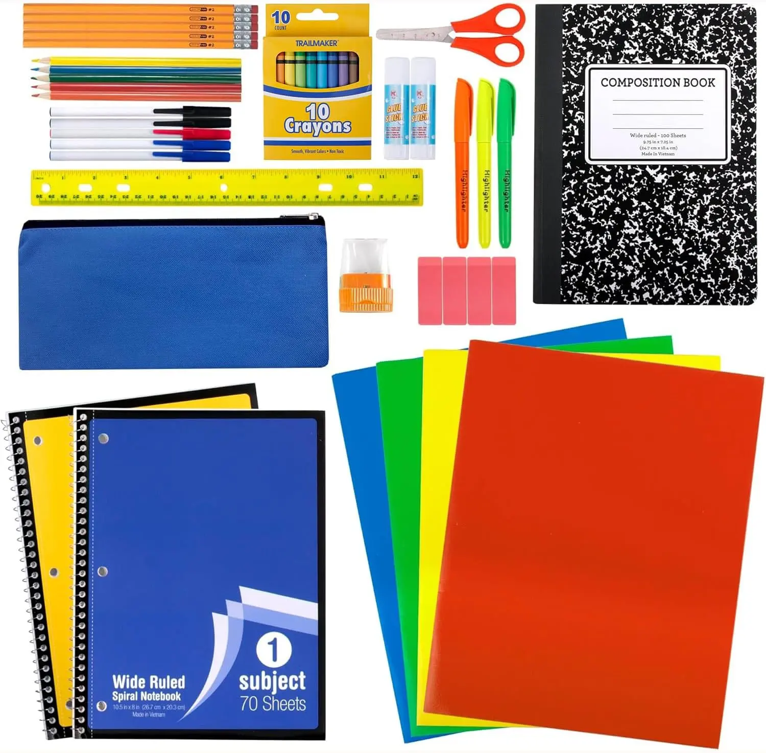 School Supplies Kit 45 Piece Back to School Essentials Bundle Includes Folders Notebooks Pencils Pens Erasers Crayons Rulers Complete School Supply Pack for Kids Grades K 12 Classroom Must Haves Student Stationery Set