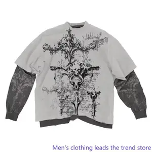 Mens 2000s American Skull Pattern Long Sleeved T shirt Fashion Round Neck Oversized Style Casual Gothic Clothing Tops for Daily Wear