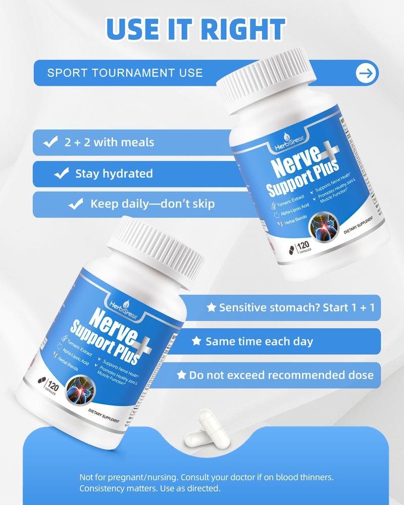 HerbGreat Nerve Support Plus – Neuropathy & Sciatic Nerve Pain Relief Supplement with Turmeric Extract, B Vitamins, Alpha-Lipoic Acid & Acetyl-L-Carnitine – 120 Capsules – Natural Joint & Nerve Health – Made in USA