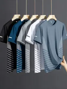 Men’s Comfortable Breathable Quick-Dry Short-Sleeve T-Shirt Pack of 5 – Side Stripes and Color-Block Design, Trendy Fashion, Suitable for Everyday Casual Wear and Business Outings
