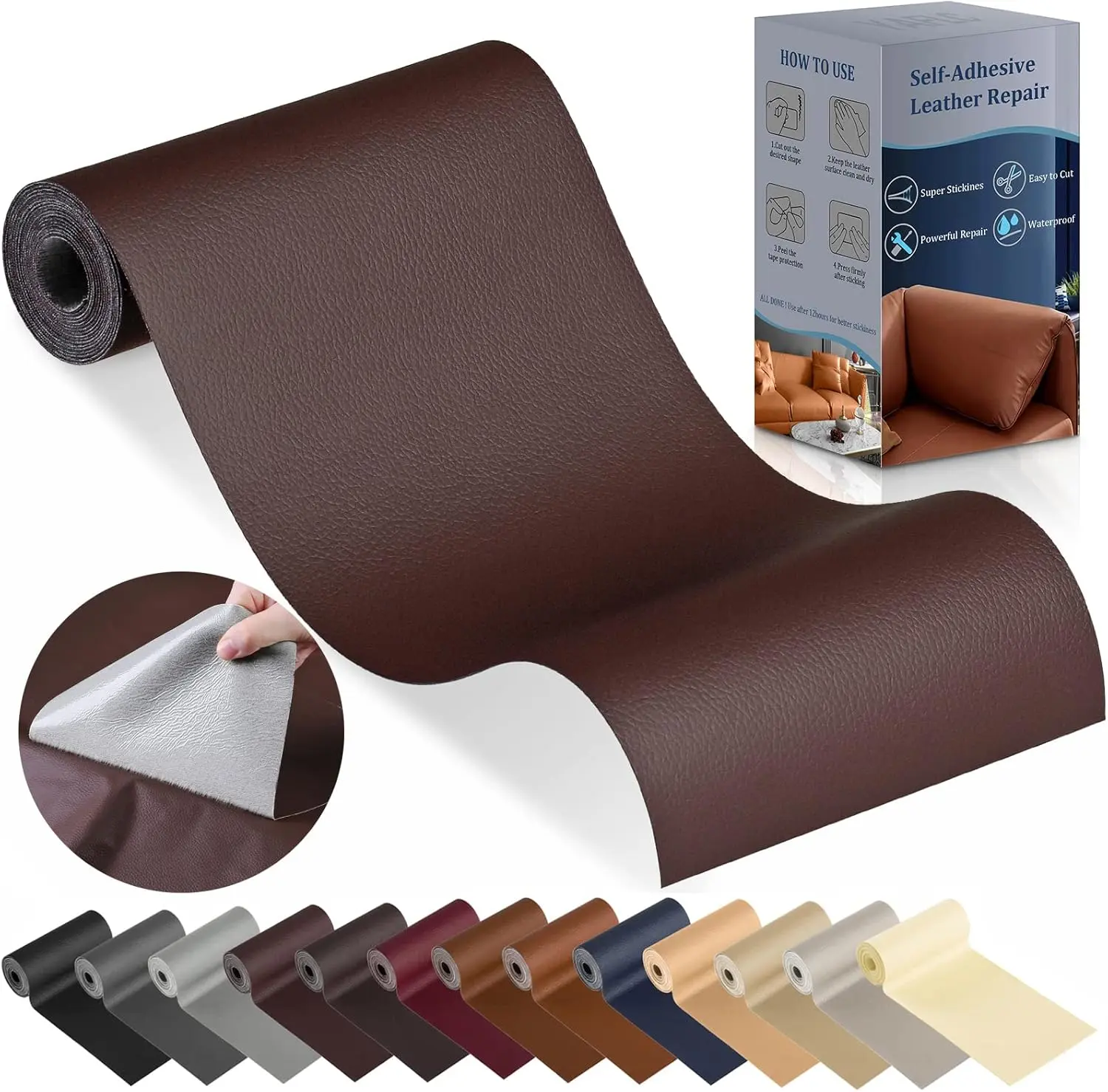 Leather Repair Patch for Furniture, 4" x 63" Self Adhesive Leather Repair Kit Vinyl Repair Tape for Car Seat Sofa Jackets Couches Chair Brown