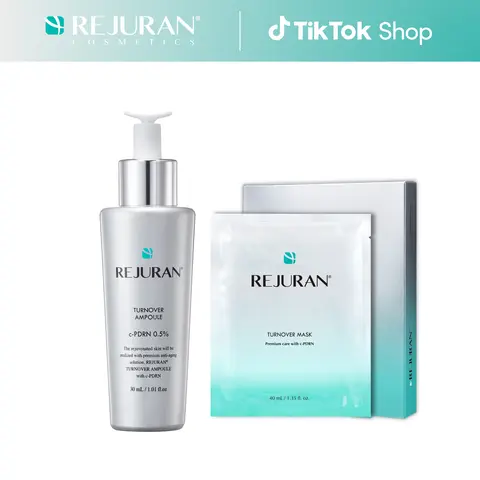 REJURAN Turnover Ampoule 1.01 fl oz & Turnover Mask 5-Pack - c-PDRN - Anti-Aging Face Serum Firmness, Radiance - Skin Repair, Firming Deeply Nourishing Ultra Microfiber Sheet Mask