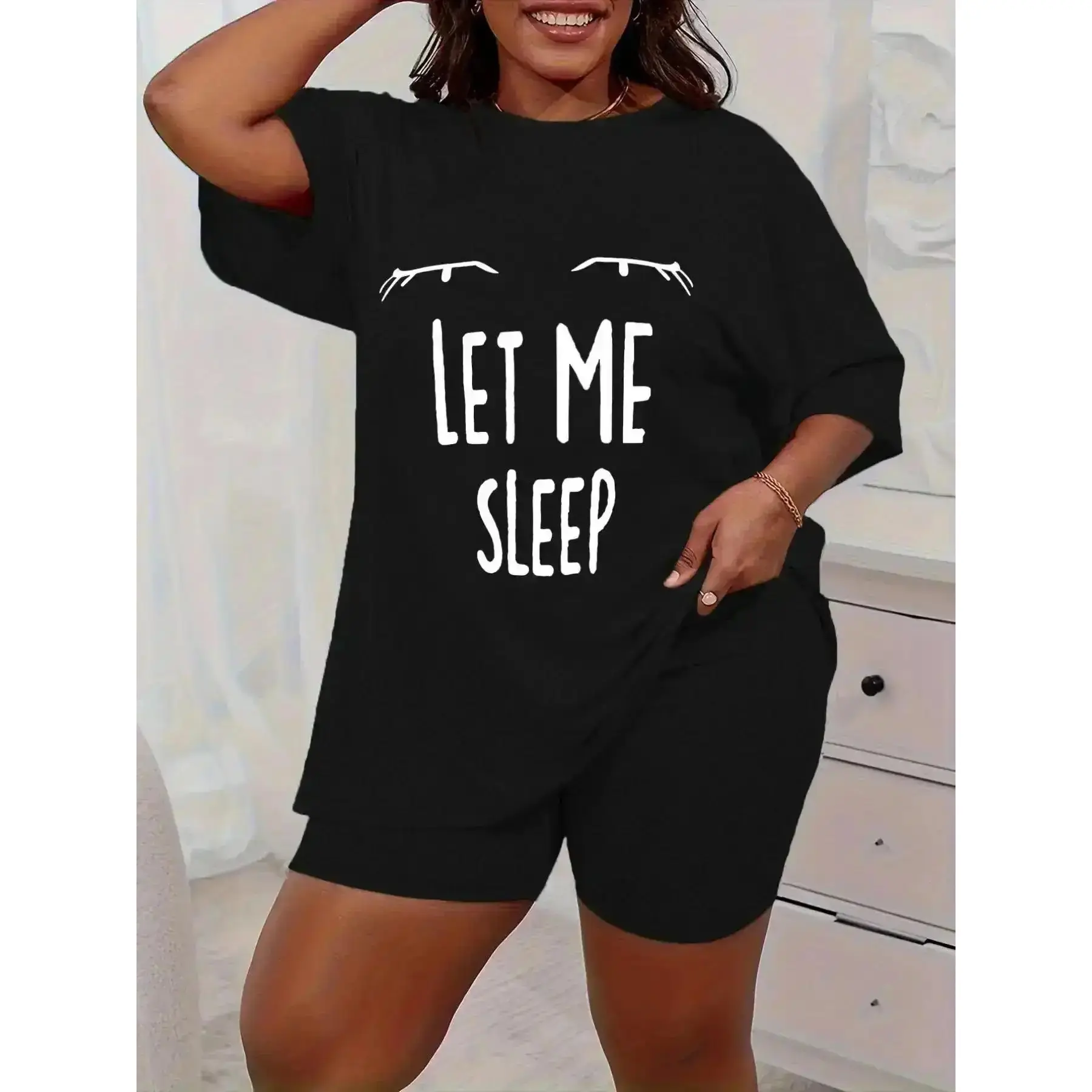 Classic Plus Size Letter Print Tee & Shorts Pyjama Set, Casual Comfy Short Sleeve T-shirt & PJ Women's Sleepwear & Knit Loungewear for Summer, Pajama Sets Women, Chic, Viral Fashion, Go To, Forward, Daily Grind