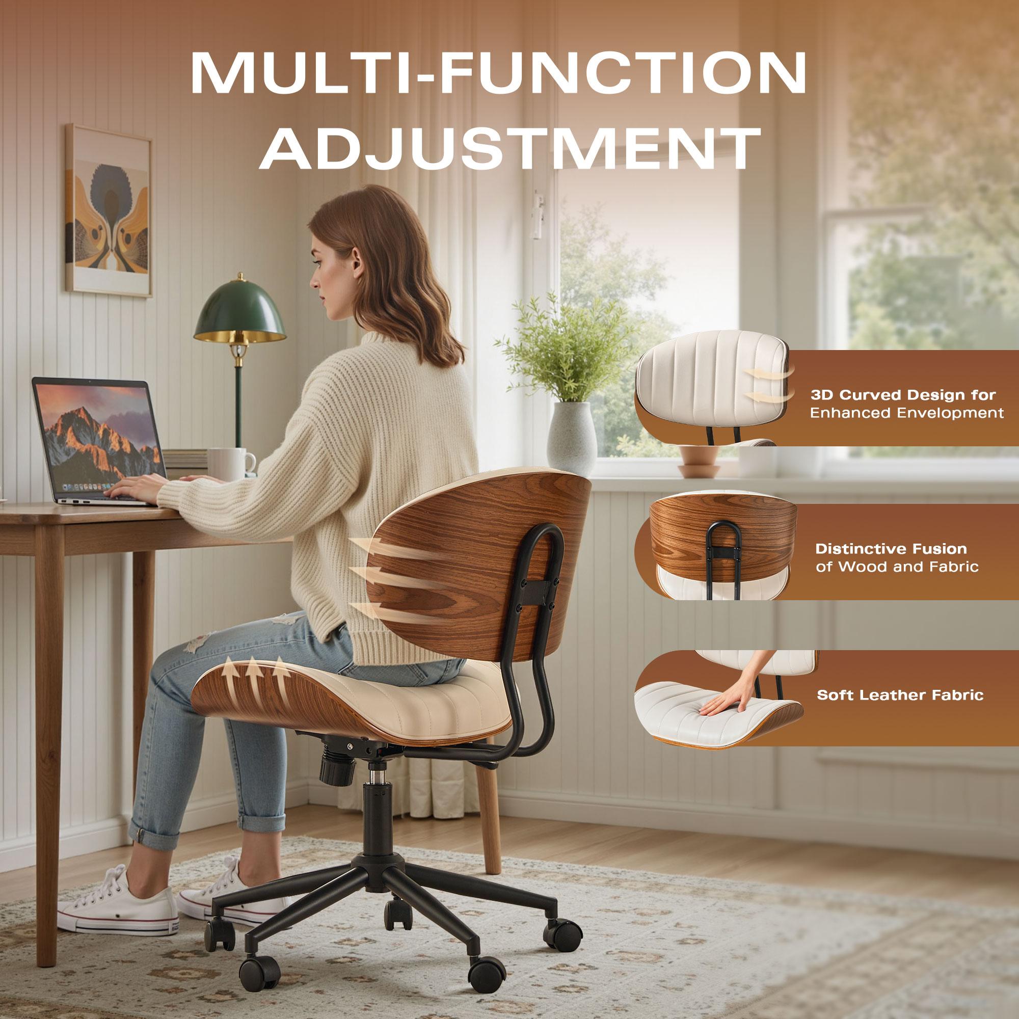 【Stock Up Sale】Ovios Wide Curved Seat&Back Armless Home Office Chair, Adjustable-Height Desk Chair, 360° Swivel&Tilting Function, PU Fabric Stylish Walnut Task Make Up Chair for Meeing Room,Dining Room