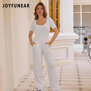 Joyfunear Women's Summer Jumpsuits  solid  One Piece Outfits Casual Short Sleeve round Neck Wide Leg overalls