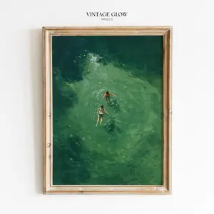 Swimming in Green Abstract Print | Vintage Retro Minimalist Green Wall Art