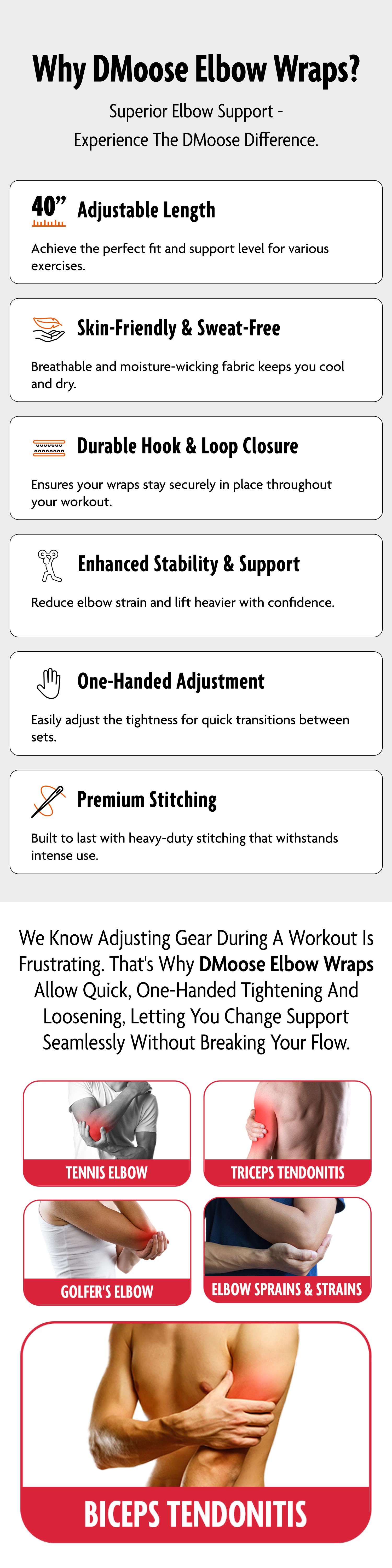 DMoose Elbow Wraps for Weightlifting, Powerlifting, Bench Press & Cross Training and Support Injury Recovery