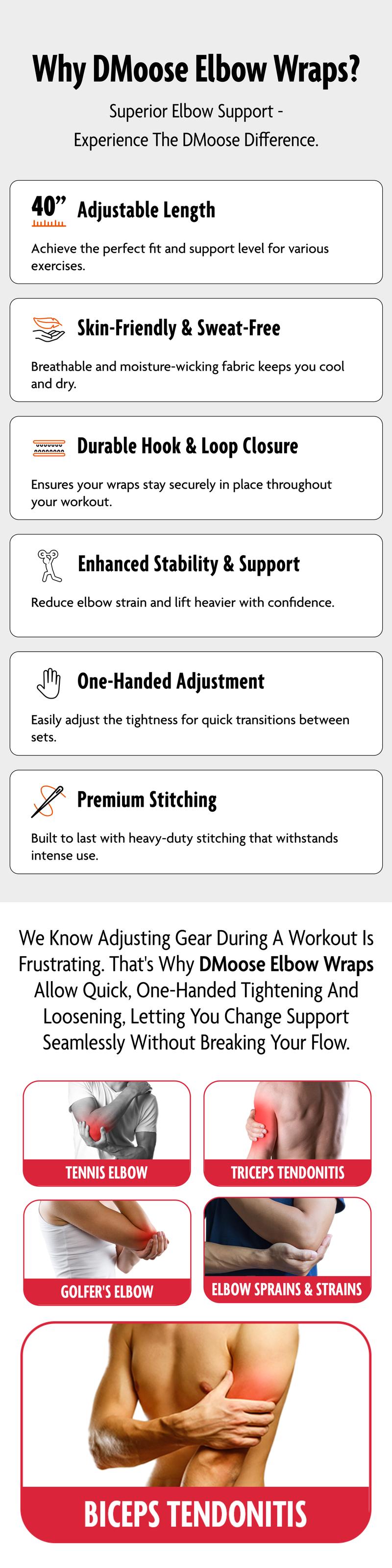 DMoose Elbow Wraps for Weightlifting, Powerlifting, Bench Press & Cross Training and Support Injury Recovery