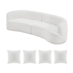 Luxury Modern Cloud Plush 112-Inch Curved Modular Sectional Sofa With Four Pillows, Oversized Deep-Seat Corduroy Upholstery In White For Living Room, Apartment, And Office - No Assembly Required