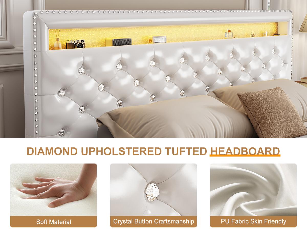 Queen LED Bed Frame with 2 Storage Drawers, Smart Adjustable Crystal Tufted Headboard, No Box Spring Needed, PU Leather & Velvet