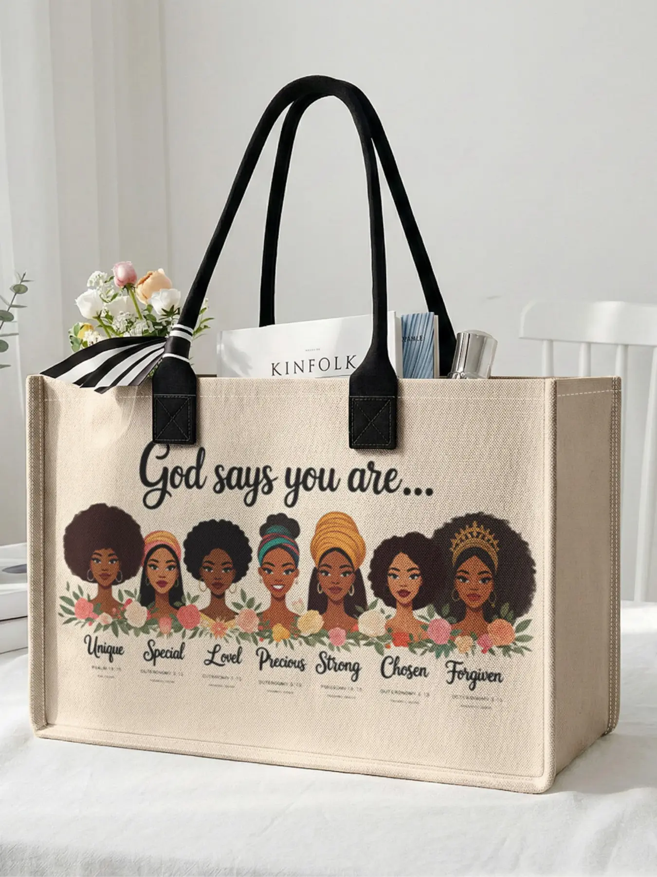 1 Pack Black Women Portrait 'God Says You Are' 2D Printed Large Capacity Storage Bag, Sturdy Handle, Space-Saving Multifunctional Design, Ideal for School, Business Trips and Shopping, Printed Tote Bags, Casual Fashion Bag, Everyday Bags