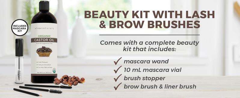 Viva Naturals Organic Castor Oil, Cold-Pressed, 16 fl oz – For Face, Hair, Eyelashes, USDA Organic, Non-GMO - With Beauty Kit