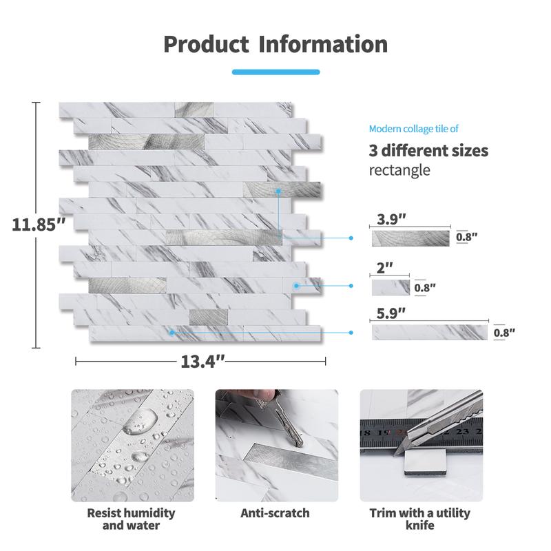 Art3D 10 Sheets 13.4" x 11.8" Peel and Stick Backsplash Tiles for Kitchen & Bathroom, White Marble Tone, Self-Adhesive Drywall Home Peel Stick Wall Panels