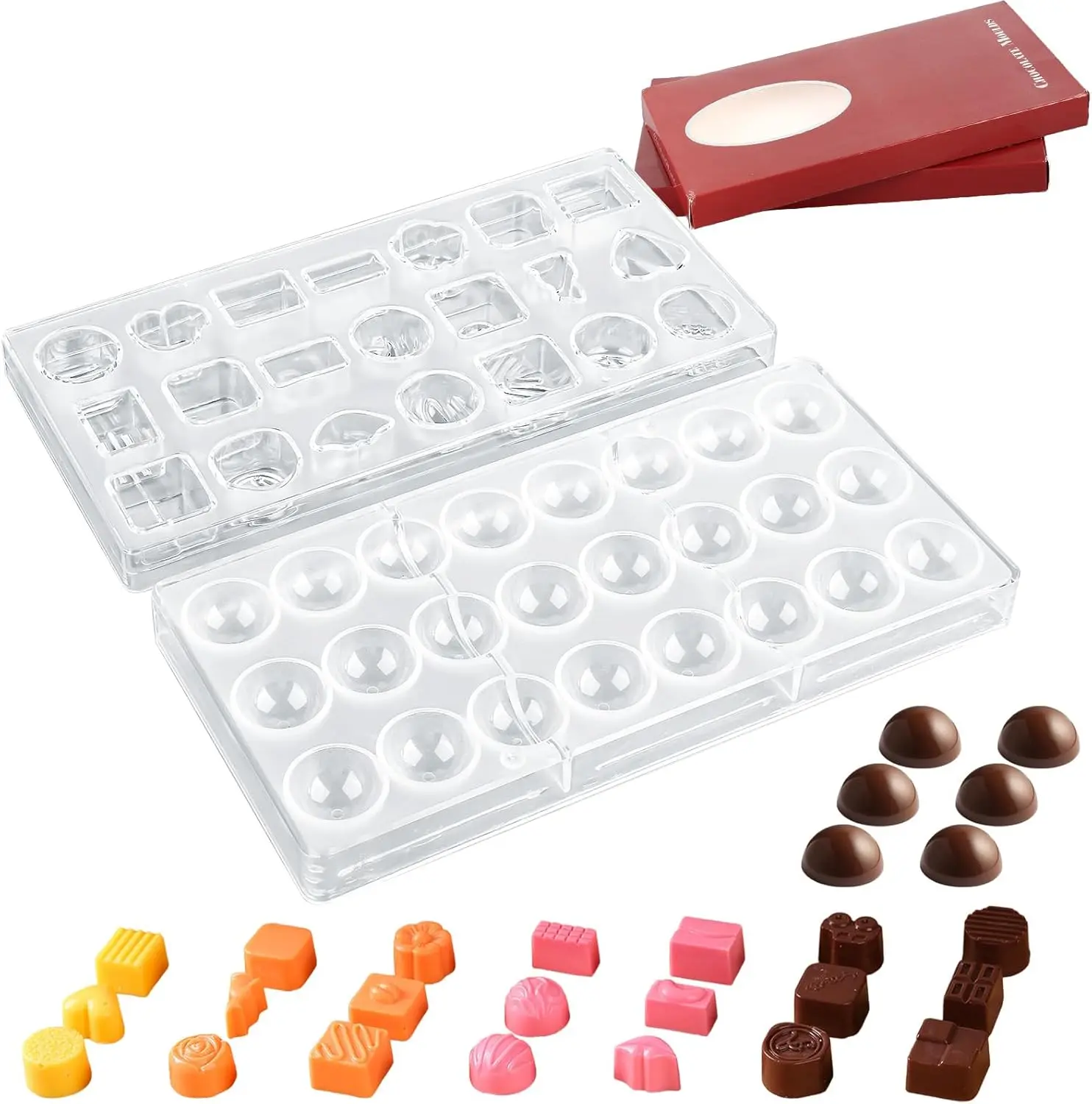 Pack of 2 Chocolate Moulds Polycarbonate, Chocolate Mold for Chocolate Candy Pudding Pastry Making, Suitable for Making Other Desserts, Such As Jelly, Sweets, Pudding, etc