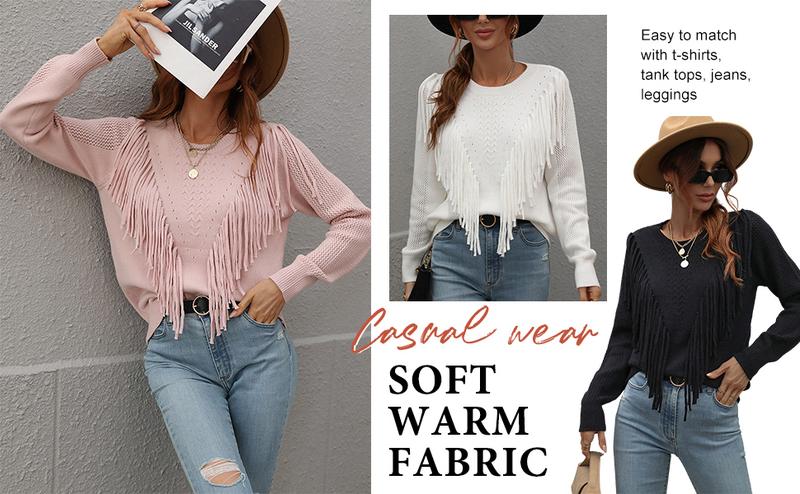 Women's Casual Crewneck Knitted Sweater | Fringe Tassel Detail Pullover Jumper - Perfect for Daily Outfits & Coffee Dates Women's Casual Crewneck Knitted Sweater | Fringe Tassel Detail Pullover Jumper - Perfect for Daily Outfits & Coffee Dates