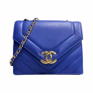 Pre-owned CHANEL Lambskin Crossbody Bags Chevron Envelope Flap Bag in blue leather with gold tone hardware Authentic secondhand