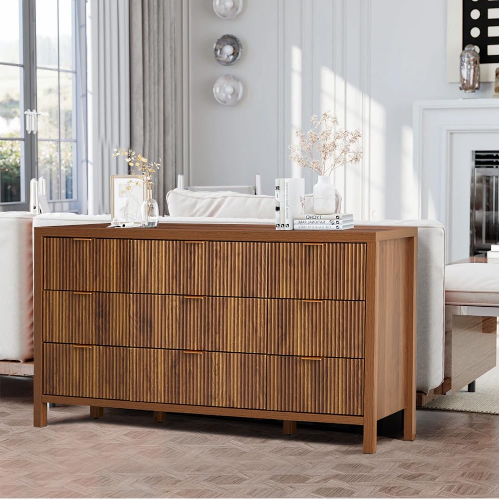 Giratree 6 9 Drawer Dresser Cabinet, Long Nightstand with Drawers and Storage Cabinet, Boho Solid Wood Dresser TV Stand, Mid Century Modern Nightstand with 6 Drawer Dresser for Bedroom Closet