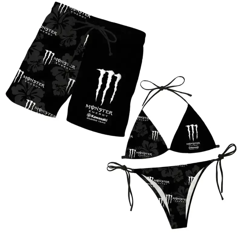 Dark Monster Energy Swimwear for Couples, Women's Bikini Set & Men's Beach Shorts, Stylish Summer Vacation Beach Outfit