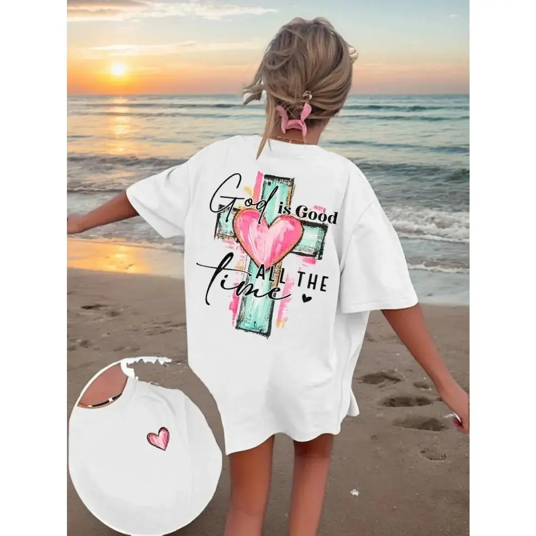 Christian Clothing Graphic Tees for Women, God is Always Good Cross Motif T-Shirt, Casual Loose Short Sleeve Summer Top, Tops, Aesthetic Graphic Tee, T Shirts For Women