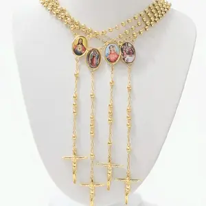 Rosario 25 inches Virgin Mary & Jesus & Crucifix with Jesus at Tip Gold Plated Elegant Design High-Quality Laminated Protection Necklace