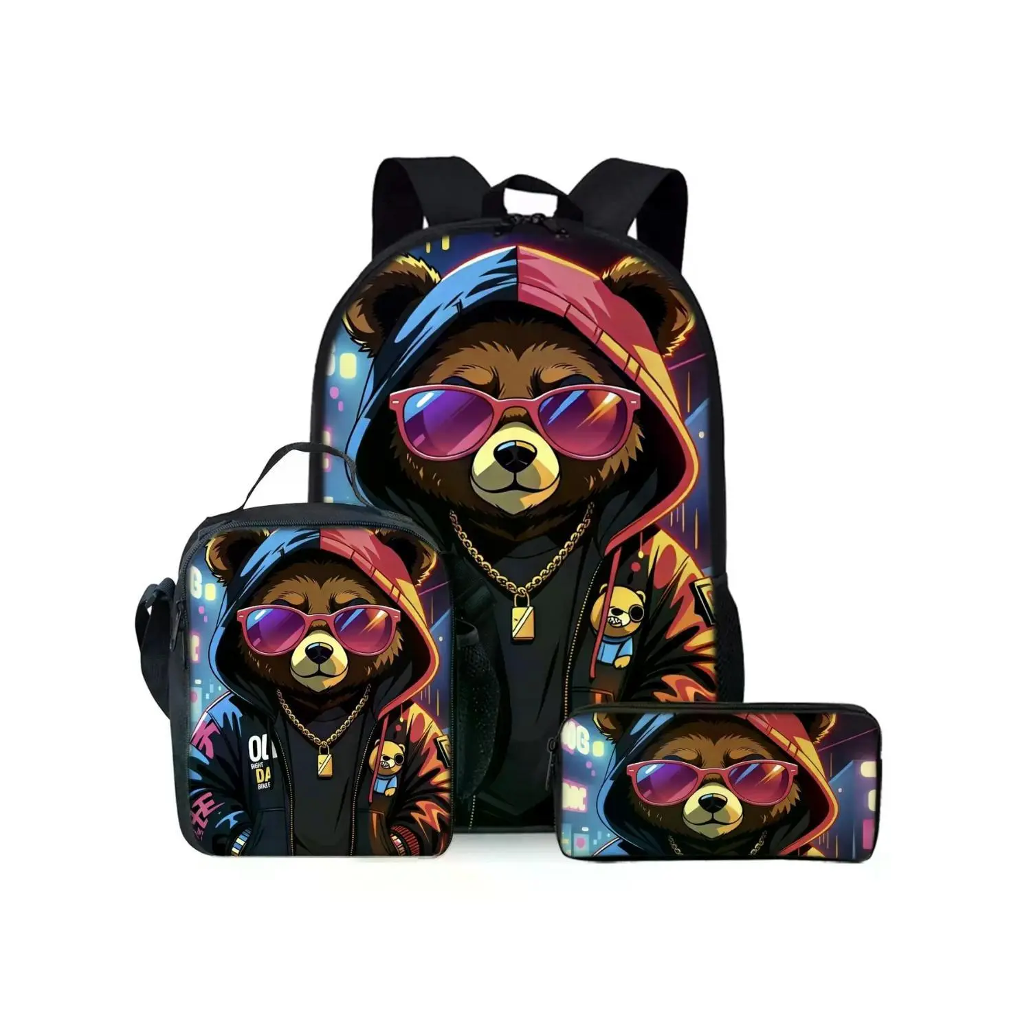 Adorable Bear Print Backpack Set with Hat, Includes Lunch Bag and Pencil Case, Perfect for School